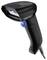 Hand-held barcode scanner with a black casing and blue button, suitable for reading barcodes. Connected via a coiled cable.