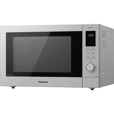 Silver microwave with digital display showing '1:00', function buttons, rotary dial, and ventilation slots on the right side.