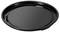 A black, round tray with a shallow rim, suitable for serving or transporting items.