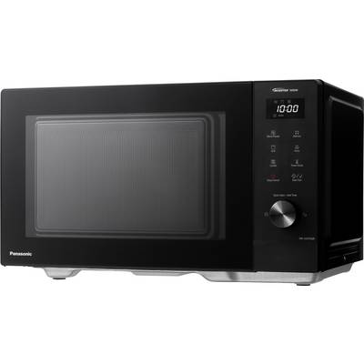 A black microwave with a digital time display, rotary dial, and several function buttons on the right-hand side.