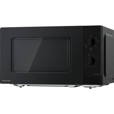 Black microwave with two rotary knobs on the right side, one for time and the other for power levels.