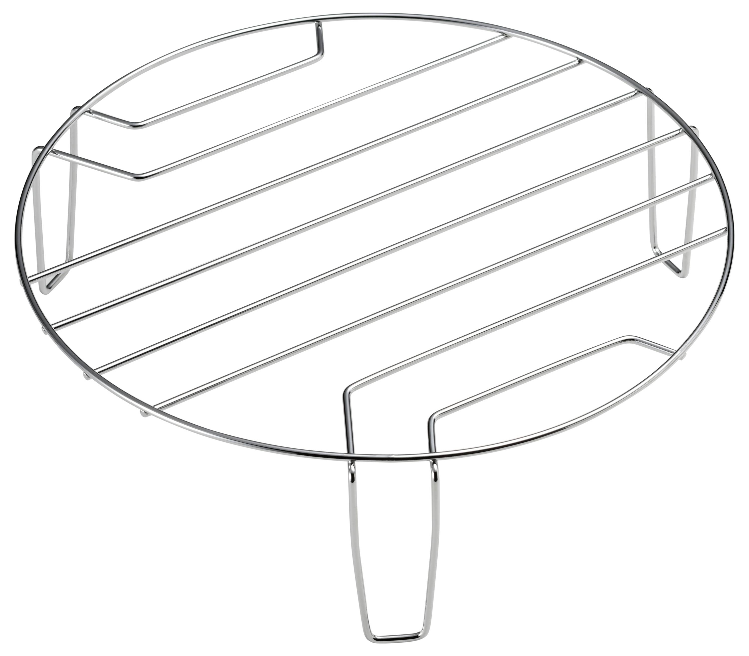 Metal grid with round frames and parallel struts, can be used as a shelving surface or barbecue grill rack.