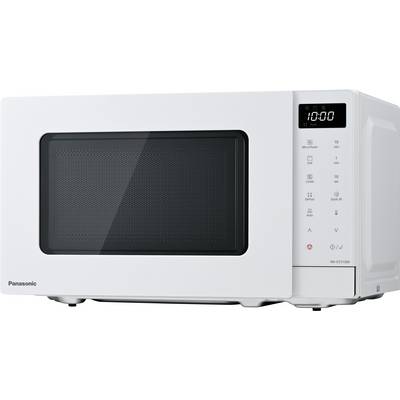 White microwave with digital display, showing '10:00'. Control panel with various buttons for cooking functions.