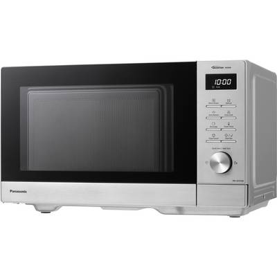 A silver microwave with a digital display shows '10:00'. Several buttons and a rotary dial for different settings are located on the right side.