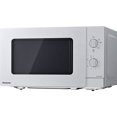 White microwave with control panel on the right side and two rotary dials for timer and power level.