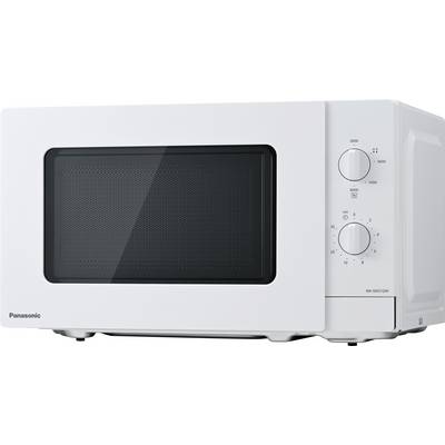 White microwave with two rotary knobs for power and time. 'Panasonic' brand name located bottom left on the front.