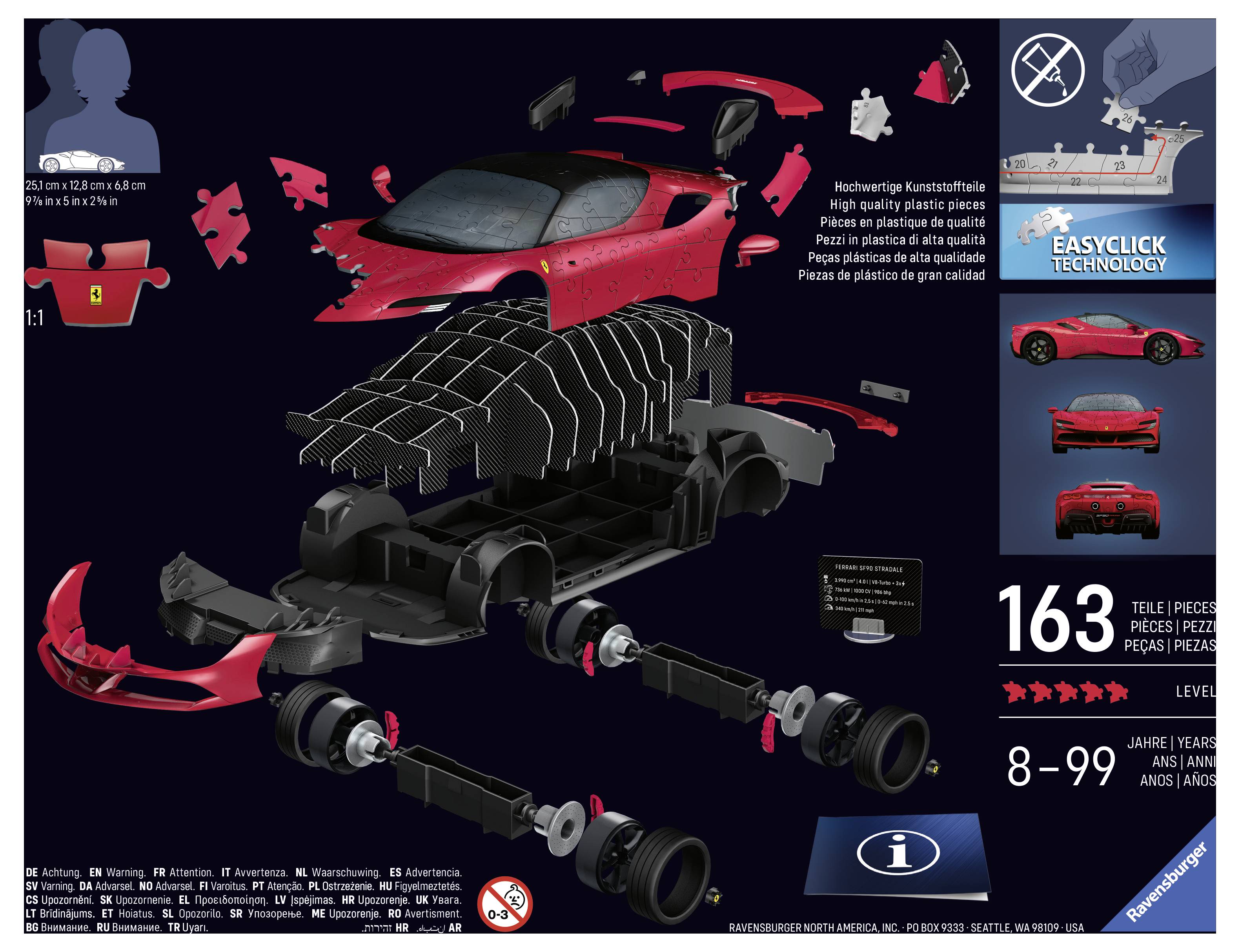 Exploded diagram of a model car with 163 parts and 'Easyclick Technology'. Age recommendation: 8-99 years.