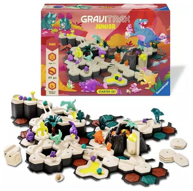 'GraviTrax Junior' starter set box showing a dinosaur-themed marble track with colorful figures and components for ages 2-7, 197 pieces.