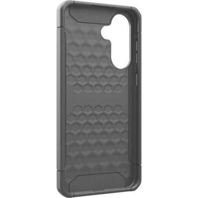 Grey mobile phone case with a hexagonal pattern and cut-out camera opening, providing protection and stylish design.