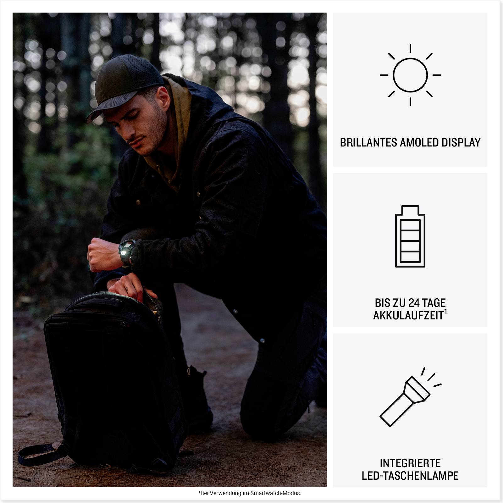 A man in a dark outfit is kneeling outside in the woods. Next to him are graphics: 'Brilliant AMOLED Display', 'Up to 24 days battery life*', 'Integrated LED torch'. *When used in smartwatch mode.