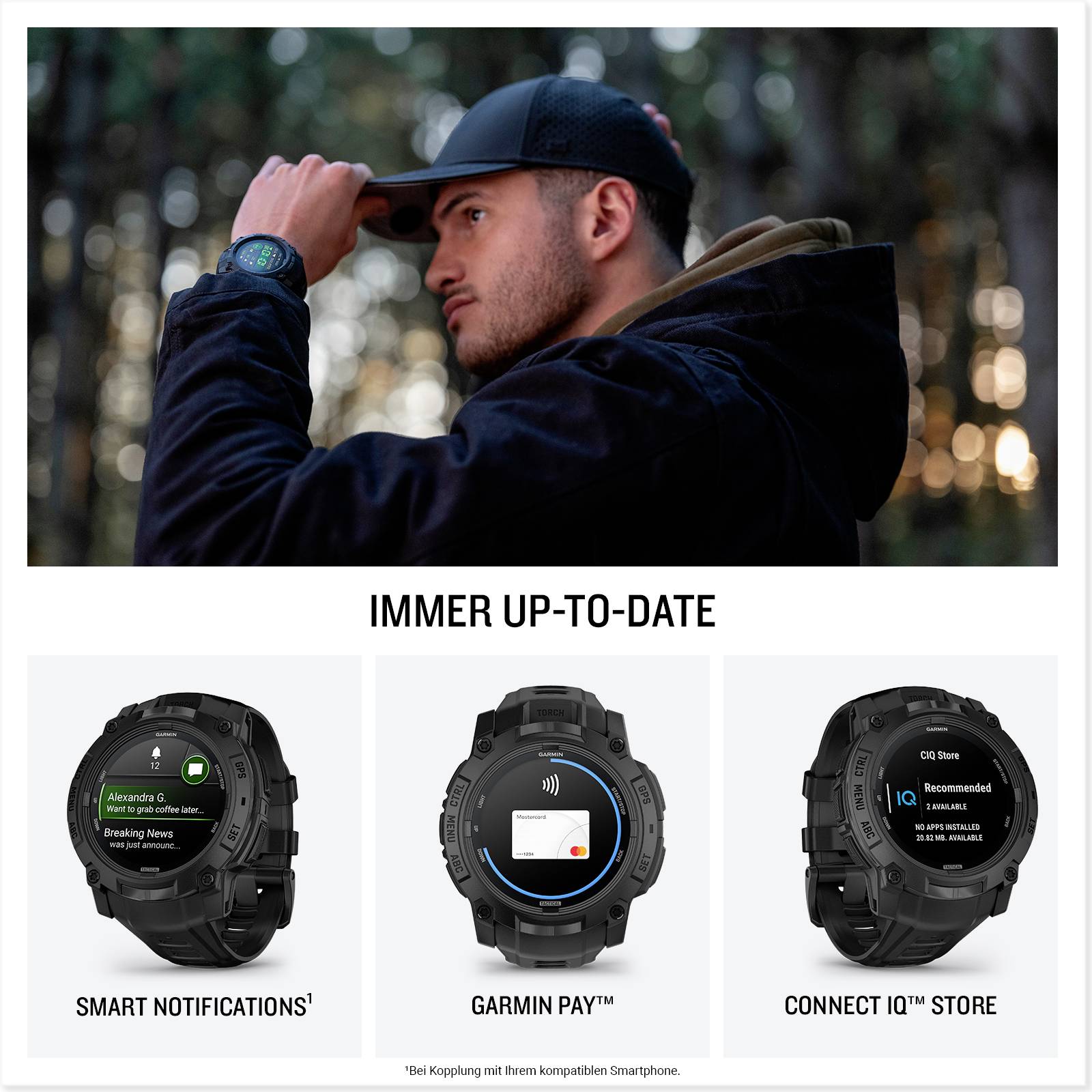 A man with a black cap in the forest. Three smartwatch features: notifications, Garmin Pay and Connect IQ Store shown below.