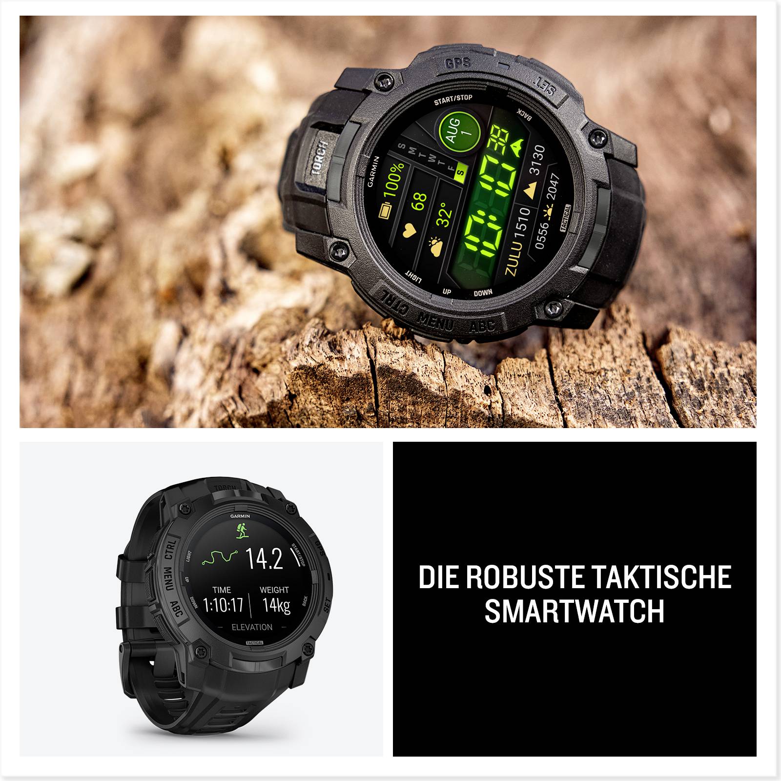 A black, robust tactical smartwatch with a digital display on rocks, showing steps, calorie expenditure and time.