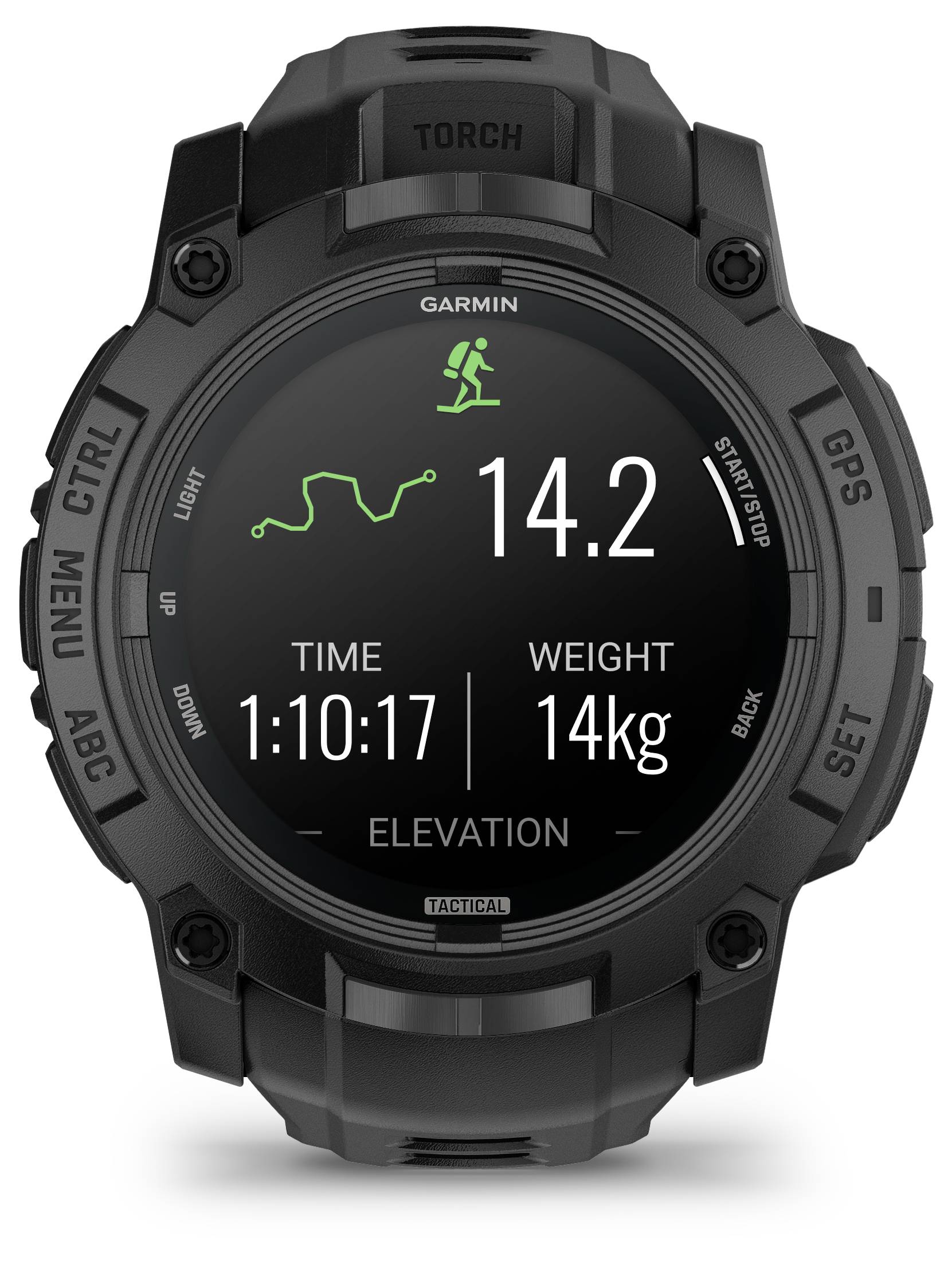 Black sports watch with digital display. Displayed data: Distance 14.2 km, Duration 1:10:17, Weight 14 kg. ELEVATION function visible.