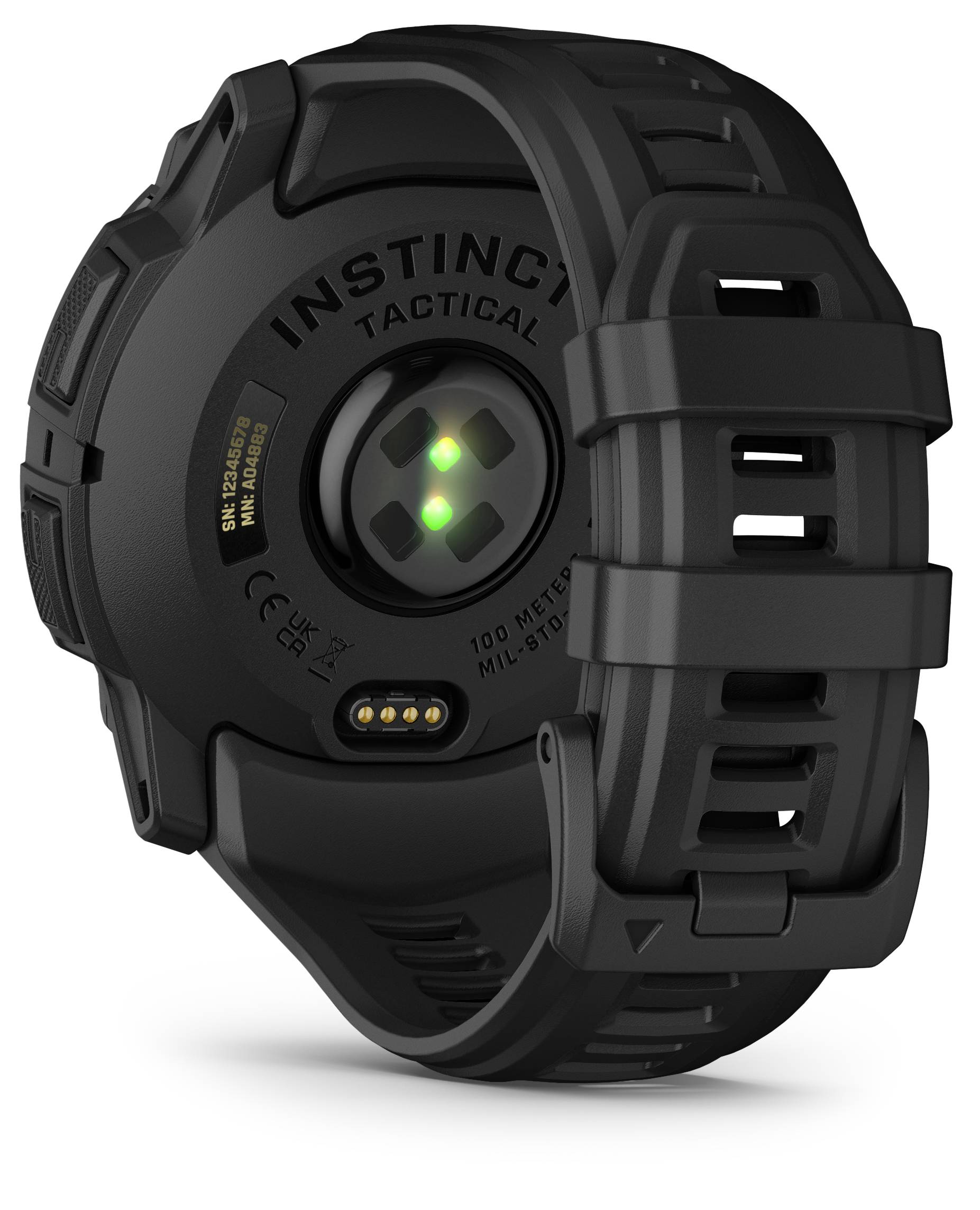 Black digital wristwatch viewed from the back. Green pulse sensor illuminated. Suitable for outdoor activities. Distinctive and robust construction.