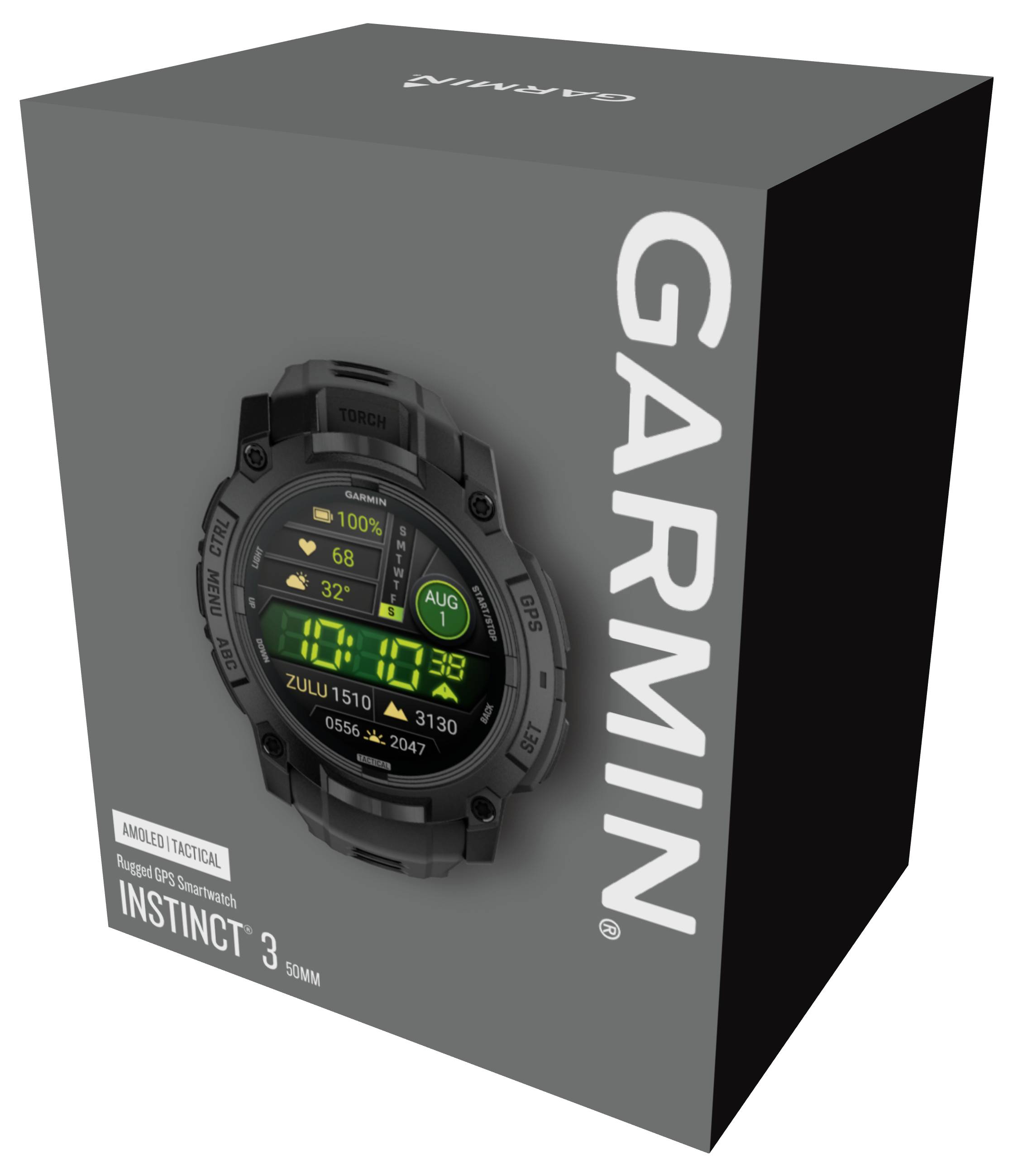 Black Garmin Instinct Tactical Smartwatch box. Print shows the watch with a digital display, date, and battery operation indicator.