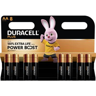 Pack of eight Duracell AA batteries. Packaging printed with 'Duracell Plus'. Featuring a pink bunny mascot and text highlighting longer battery life.