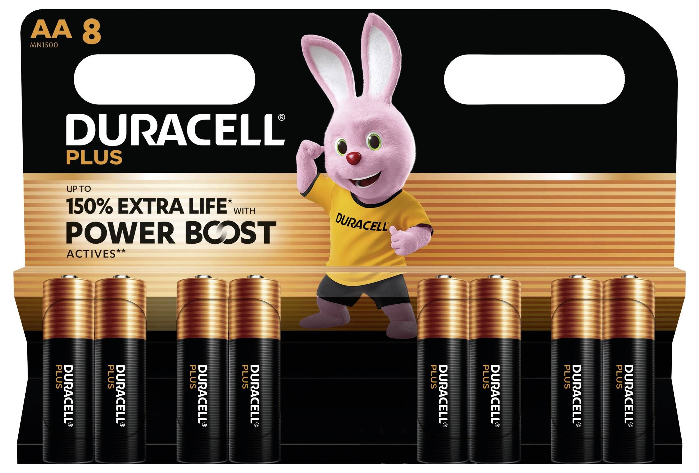 'Duracell Plus AA batteries, pack of eight, featuring a pink bunny mascot. Promotes up to 150% extra life with Power Boost.'