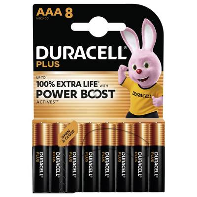 'Duracell Plus AAA, 8-pack with power boost, up to 100% extra life. Features pink bunny mascot. Suitable for high-drain devices.'
