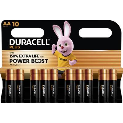 Pack of ten Duracell Plus AA batteries, advertised with 'up to 150% longer lasting with Power Boost'. Includes brand mascot.