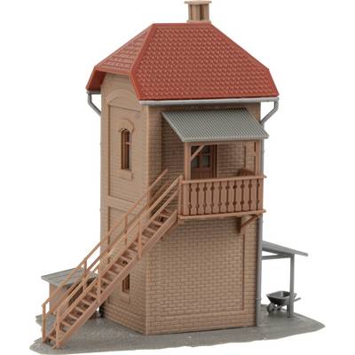 Brick water tower model with a red roof, wooden balcony and staircase. Suitable for model railway layouts as decoration.