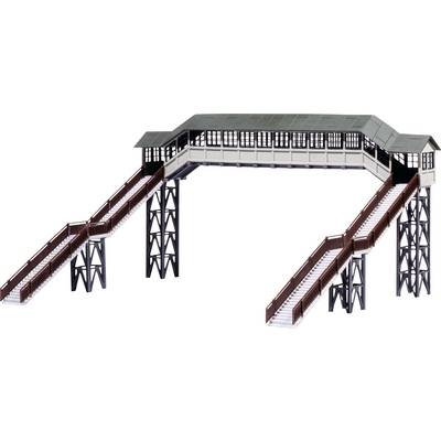 A model of a covered pedestrian bridge with stairs on both sides. The structure combines black and red details.