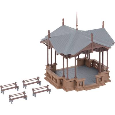 A model of a pavilion with a grey roof and brown structure. Four small, brown benches are placed beside it.