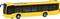 Yellow plastic toy bus with black windows and wheels, right side view.
