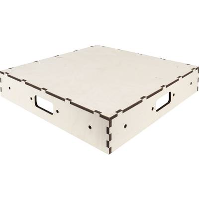 Shallow, square wooden box made from light plywood, with handles on the sides, suitable for storage or shipping.