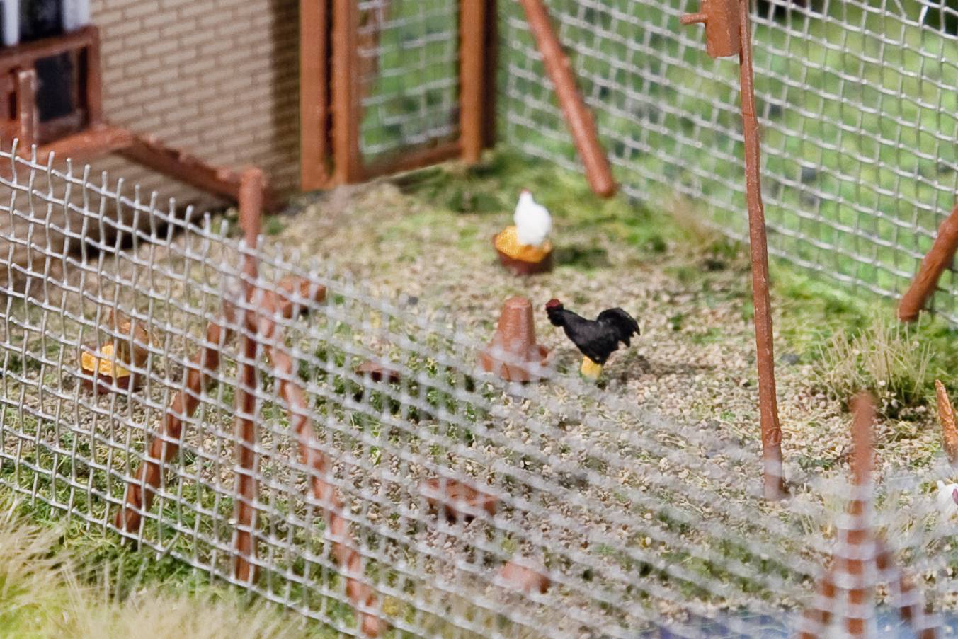 'Chicken coop with several chickens. One is black with a red comb, the others are white. Surrounded by wire fence on grass.'