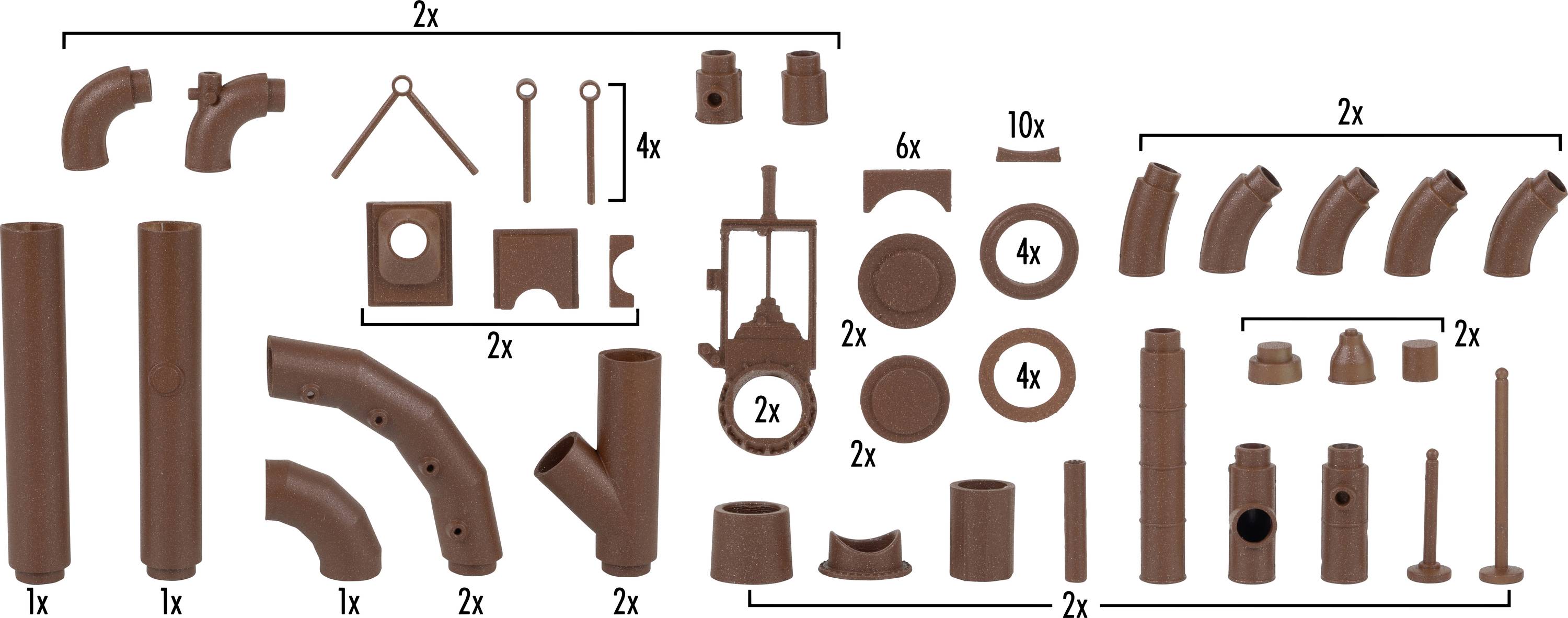 Various brown plastic components in different shapes and sizes, alongside numerical details indicating their quantity in an assembly kit.