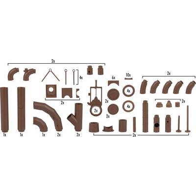 Various brown plastic components in different shapes and sizes, alongside numerical details indicating their quantity in an assembly kit.