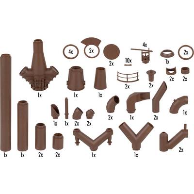 Several brown plastic components, each with quantity specified, resembling pipes and connectors in various shapes.
