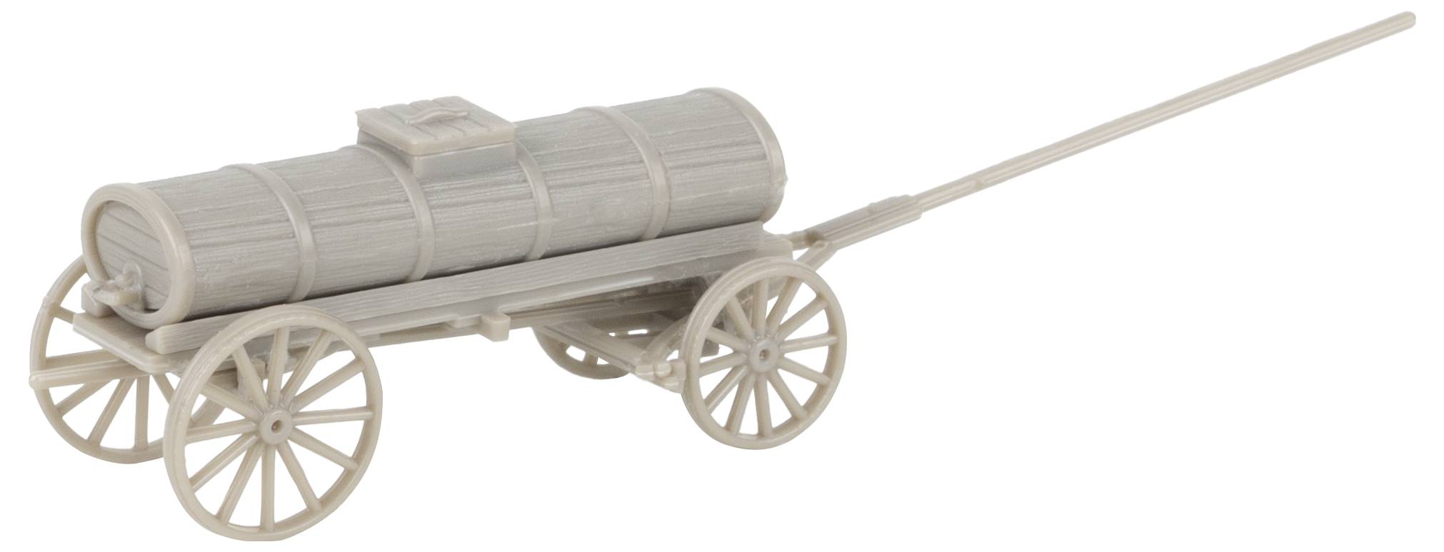 A grey model trailer with four wheels and a barrel on top. The trailer has a long drawbar for transportation.