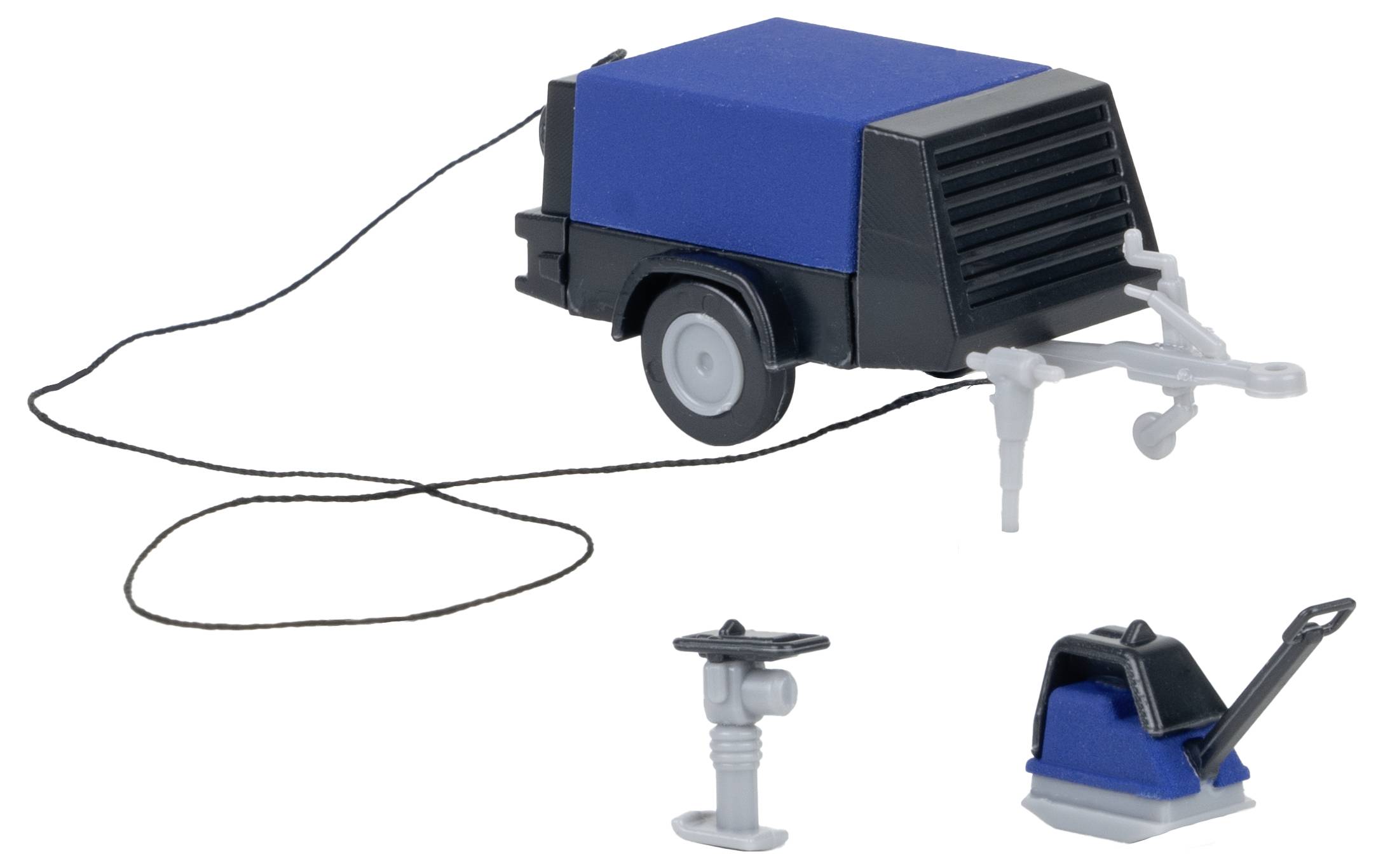 'Toy model of a mobile generator in blue and black with grey trailer coupling parts.'