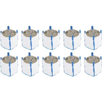 Several large white bulk bags with blue stitching, filled with gravel, are lined up in a row.