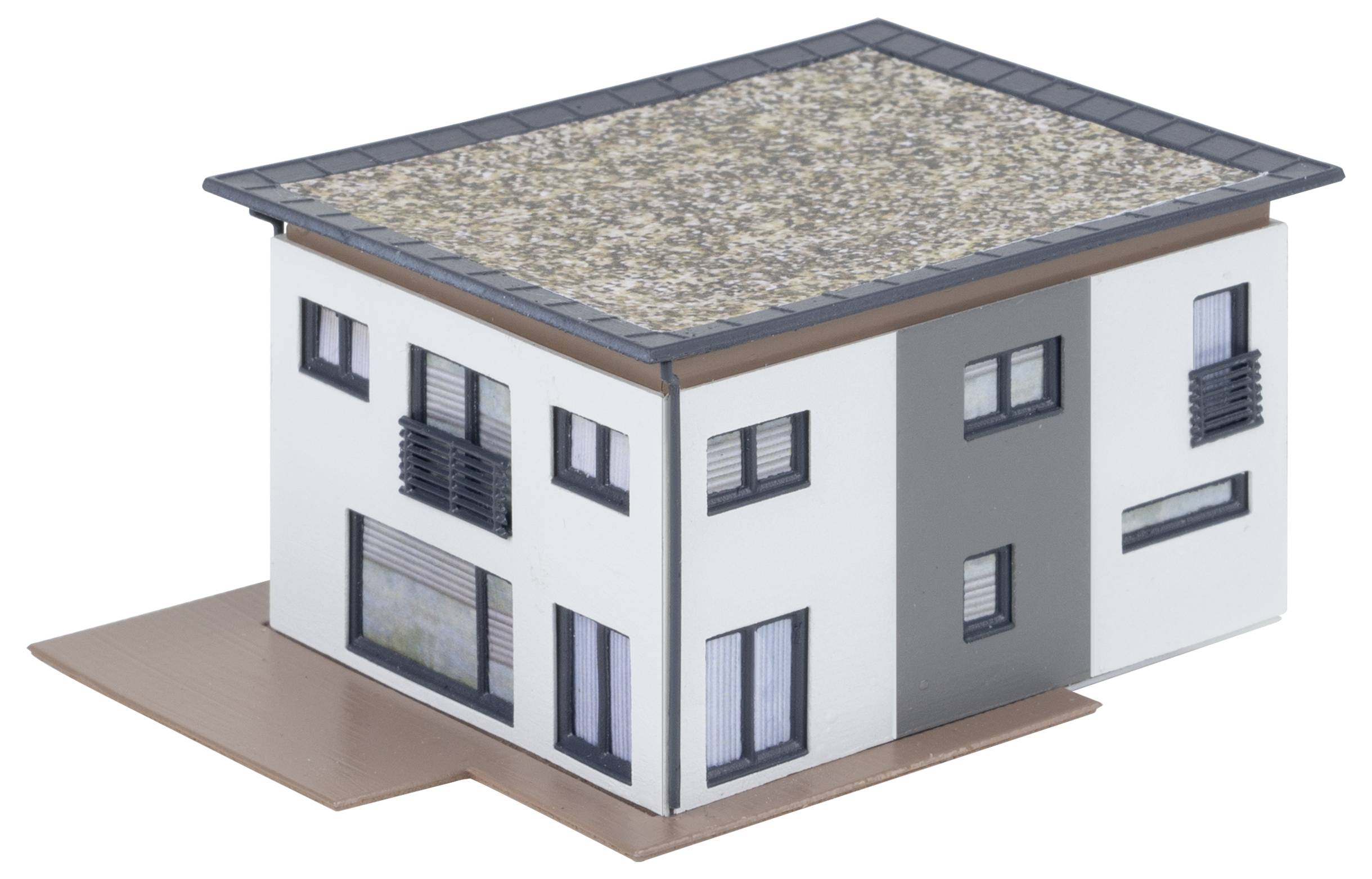 A model of a modern, two-storey house with a flat roof and large windows, suitable for architectural or construction projects.