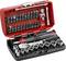 An opened tool set with a red casing, containing screwdriver bits, socket wrenches, and a ratchet. Ideal for repair work.