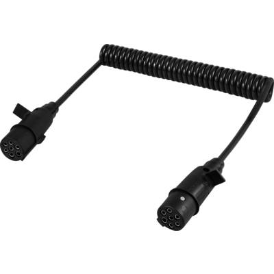 A black, spiral-shaped cable with round multi-pin plugs at both ends, typically used for connecting electronic devices.