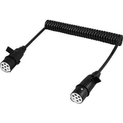 A black, spiral-shaped charging cable with two plugs at its ends, used for charging electric vehicles.
