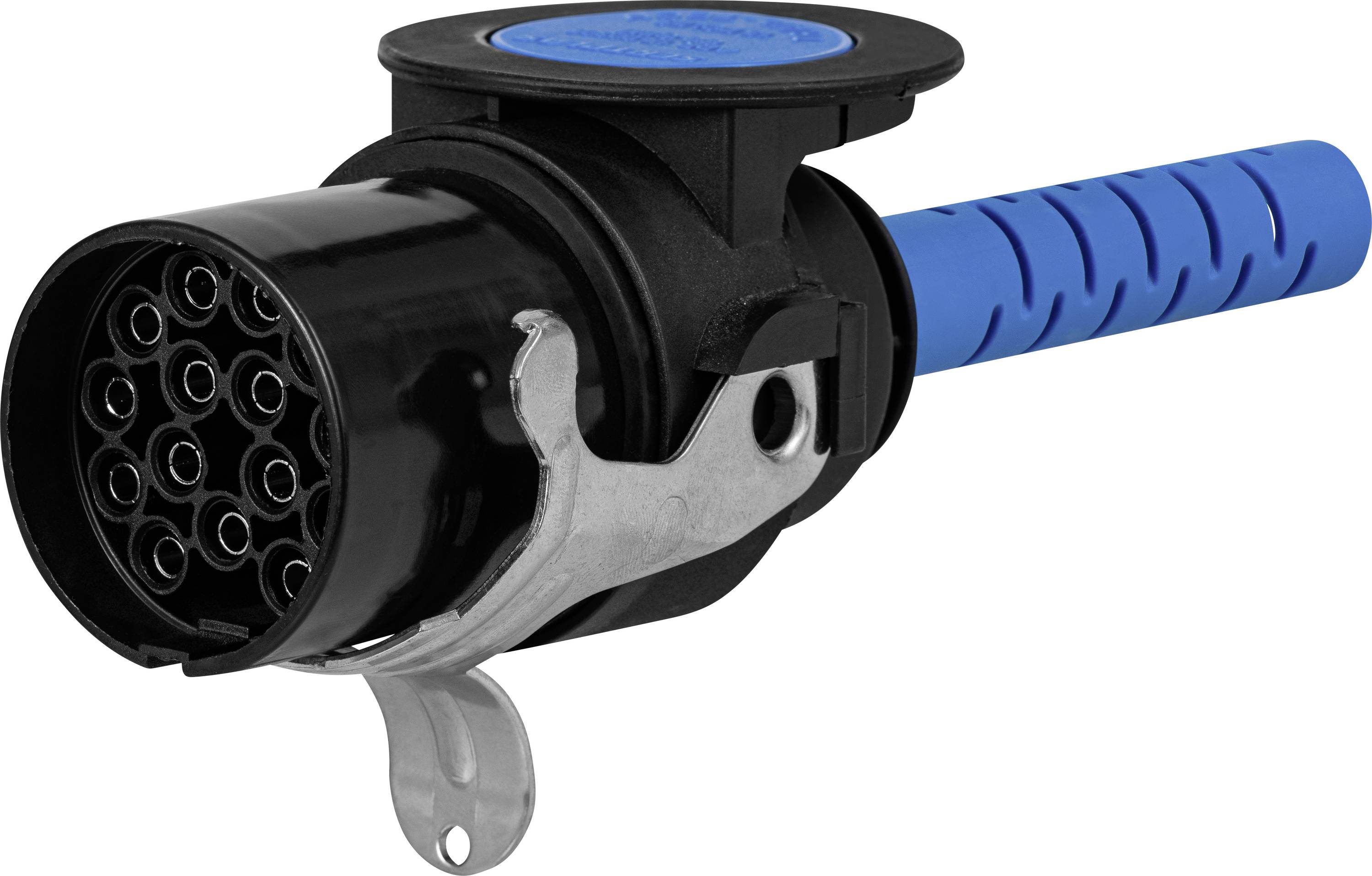 A black, round 13-pin trailer plug with a blue handle and silver metal clip for securing the connection.