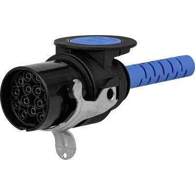 A black, round 13-pin trailer plug with a blue handle and silver metal clip for securing the connection.