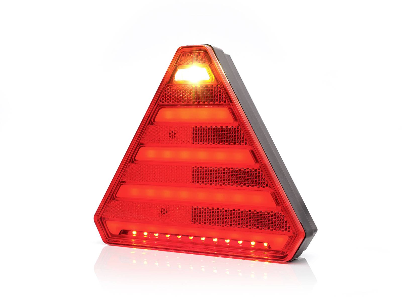 A red, illuminated warning triangle with reflective stripes and a yellow lamp at its tip, set against a white background.