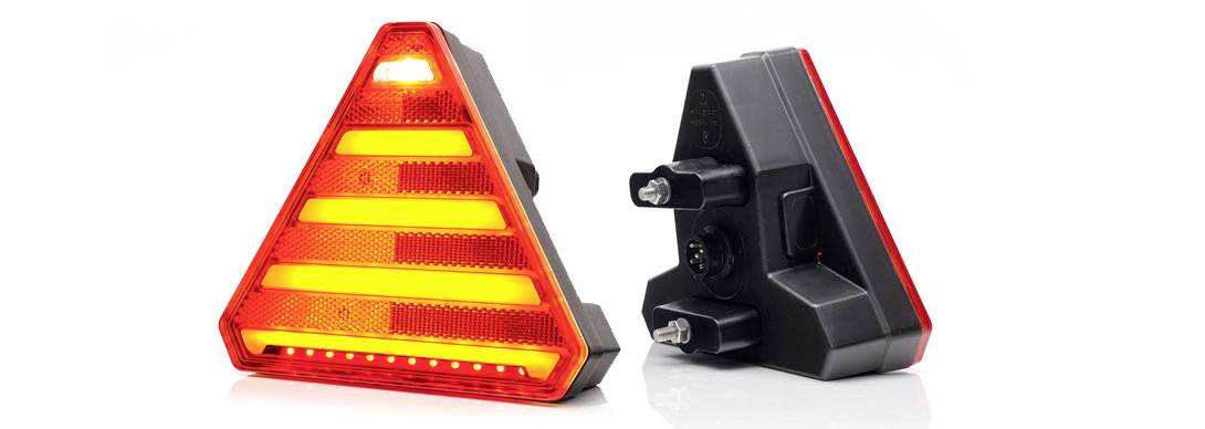 Two reflective, red and yellow LED warning triangles. One shows the front view with illuminated stripes, the other the rear view with connections.