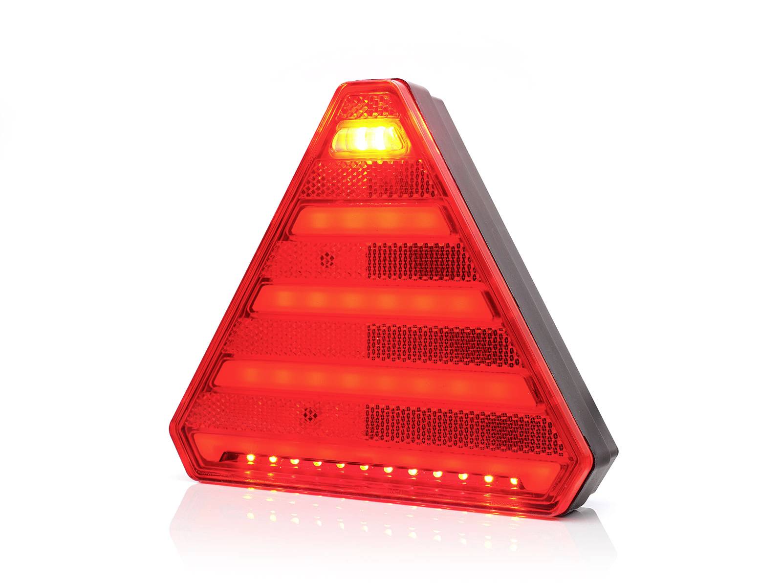 Red, reflective warning triangle with illuminating LED lights, typically used as a safety marker during vehicle breakdowns.