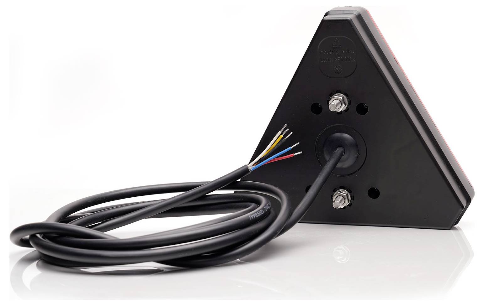 Triangular rear light with cable and exposed wires. Ideal for mounting on vehicles. Black casing with two visible screws.