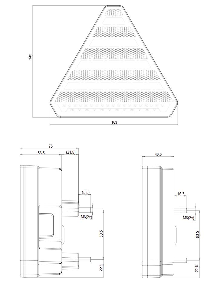 Technical drawing of a triangular object with dimensions and side views, showing precise design dimensions and details.