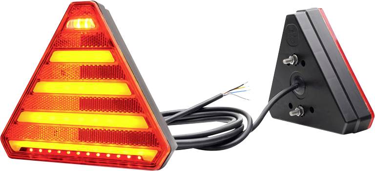 A triangular yellow-red LED rear light with a cable. It features multiple illumination strips and is designed for mounting on vehicles.