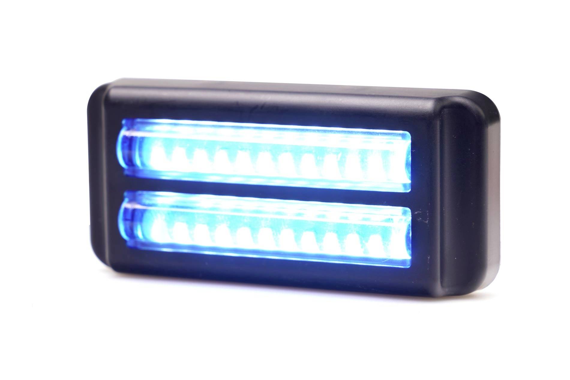 A rectangular, black LED light with two blue illuminated strips in the middle, depicted on a white background.