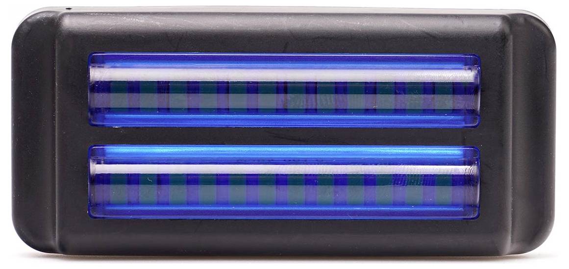 An electrical insect killer device with two horizontal blue UV fluorescent tubes housed in a black rectangular casing.