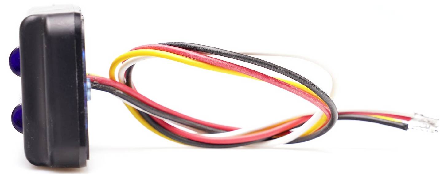 An electronic sensor with multiple coloured cables, including red, yellow, black, and white, which run in various directions.